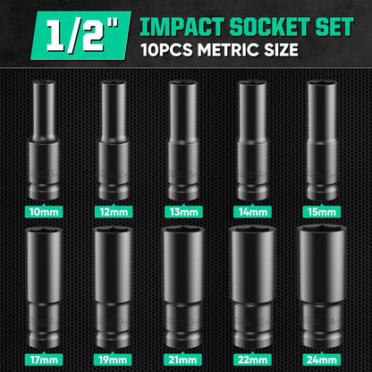 1/2-Inch Drive Impact Socket Set - 6-Point Metric Carbon Steel Sockets with Storage Case