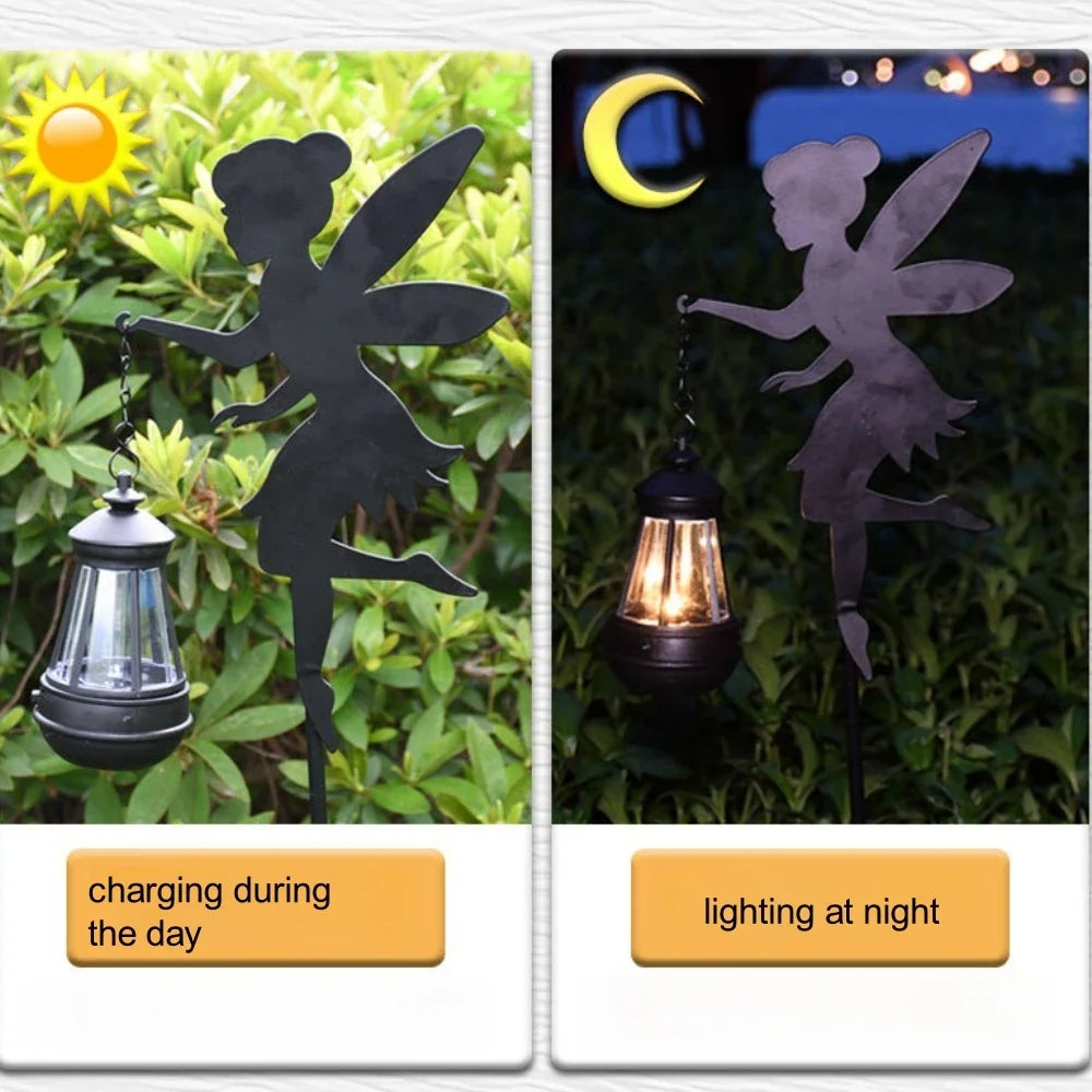 Solar Fairy Garden Statue - Metal Fairy Figurine with Crackle Glass Globe Lantern for Lawn, Patio & Outdoor Pathway Decor