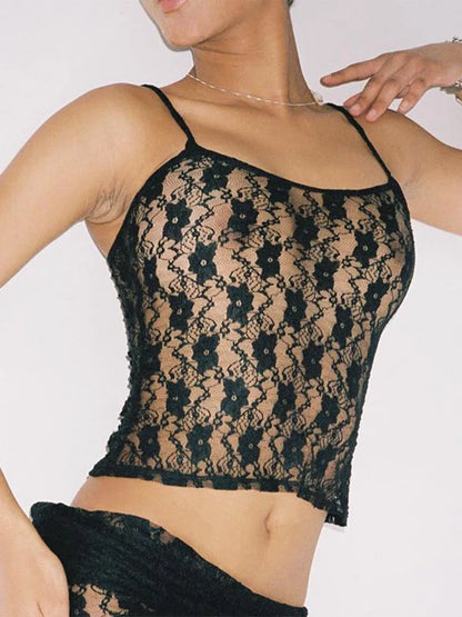 Women’s Sexy Lace Hollow Out Crop Top – Sleeveless Sheer Summer Cami, Y2K Club Party Streetwear Fashion Top