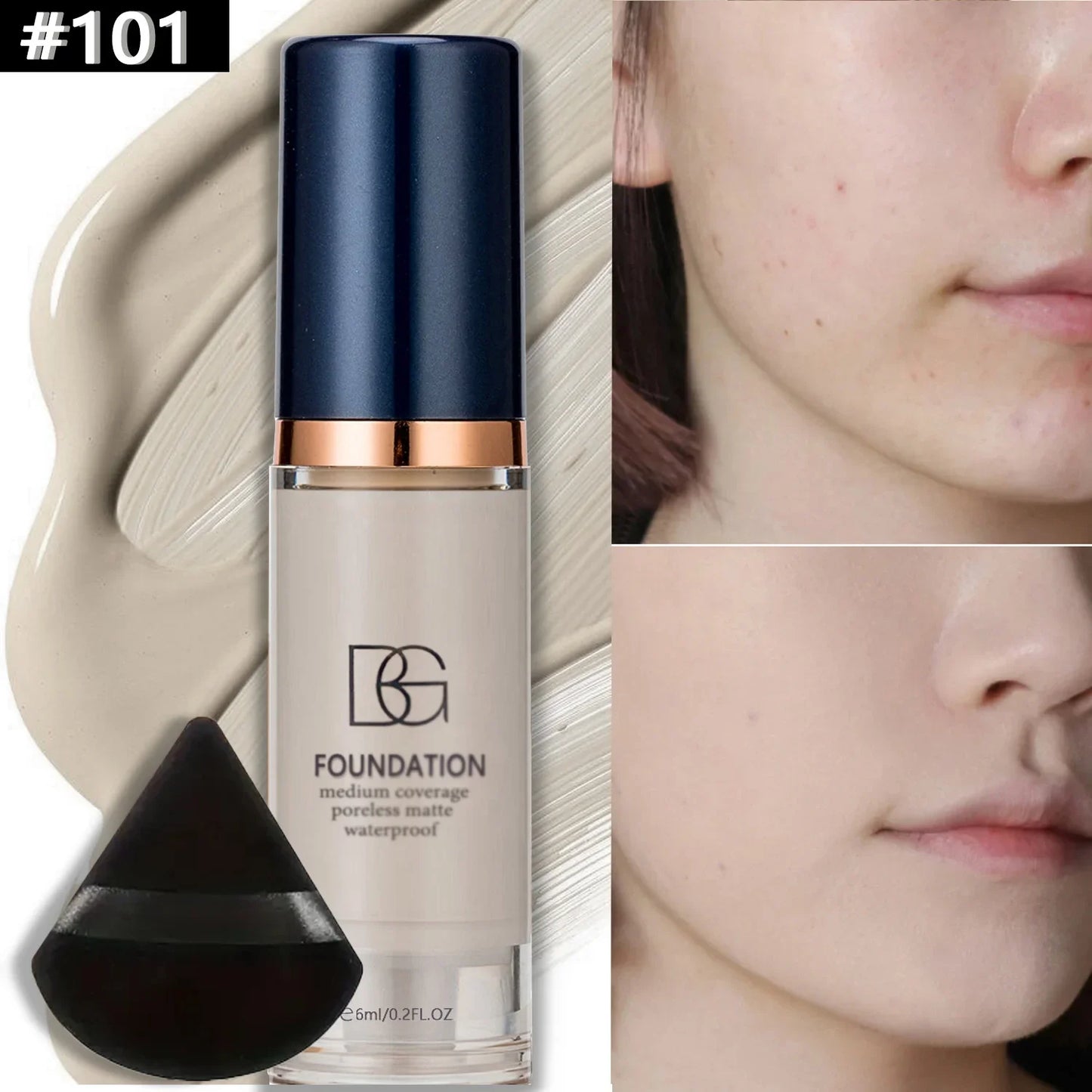 2PCS Waterproof Liquid Foundation Set - Matte Full Coverage Makeup with Black Triangle Powder Puff for Flawless Finish