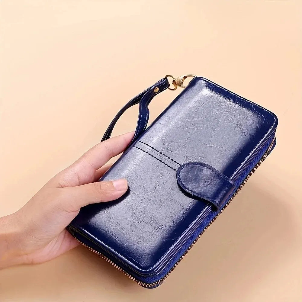 Women’s Vintage PU Leather Clutch Wallet — Large Capacity Phone Purse with Wristband, Simple Card Holder Pouch Bag