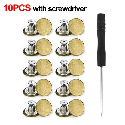 10Pcs 17mm Metal Jeans Buttons – No-Sew Screw Replacement Repair Kit for Pants & Denim