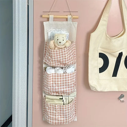 Pink Wall Storage Bag Rack - Canvas Hanging Organizer for Books, Jewelry & Bedroom Accessories