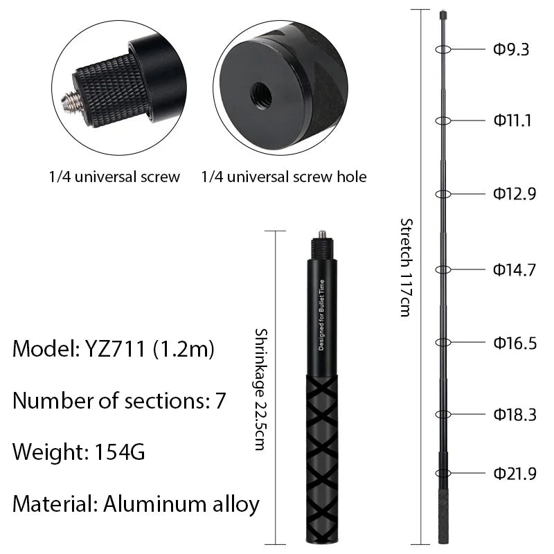 1.2m Ultra-Long Carbon Fiber Invisible Selfie Stick – For Insta360 X3/X2, DJI Action 3, GoPro Cameras