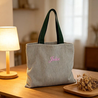 Striped Canvas Shoulder Bag - Custom Embroidered or Standard Back-to-School Tote