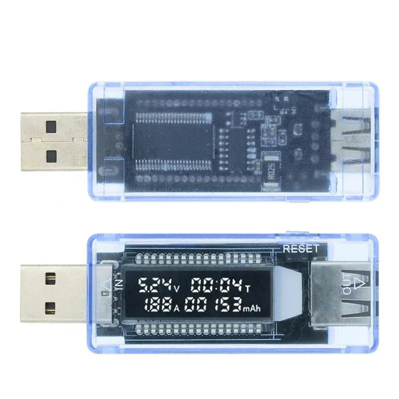 USB Battery Tester & Voltmeter - Transparent Blue Charger Meter for Mobile Power - Smart Home Portable Timing Test - V20 Compatible