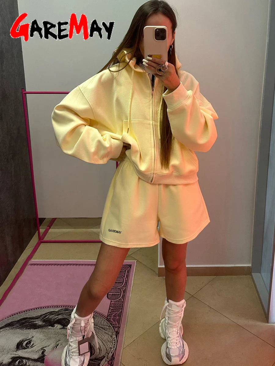 Women’s Summer Yellow Tracksuit – Cotton Zipper Top & Shorts Two-Piece Casual Sports Set