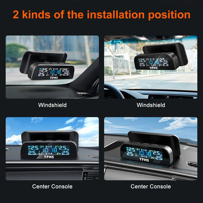 Solar Car TPMS Tire Pressure Monitoring System – External Sensors for 4 Wheels Tyre Pressure Detection