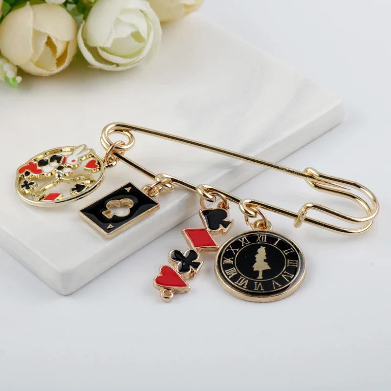 Alice in Wonderland Brooch - Cute Enamel Rabbit, Clock and Poker Shape Pins for Bags, Hats and Clothing