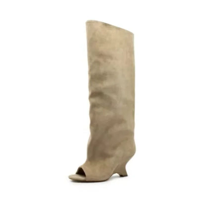 Women’s Knee-High Suede Boots - Peep Toe Wedge Heels for Party, Wedding & Versatile Style