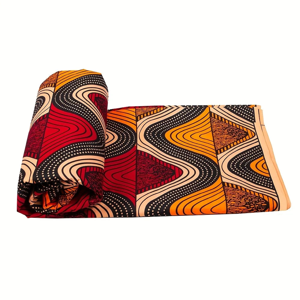 6 Yards African Ankara Batik Fabric - Red Yellow Geometric Wave Polyester Sewing Material