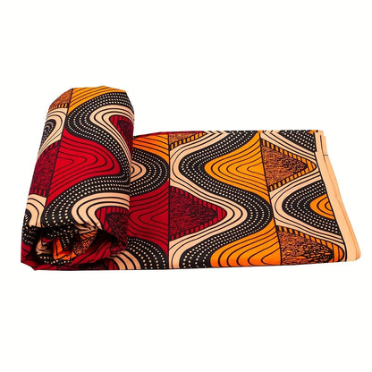 6 Yards African Ankara Batik Fabric - Red Yellow Geometric Wave Polyester Sewing Material