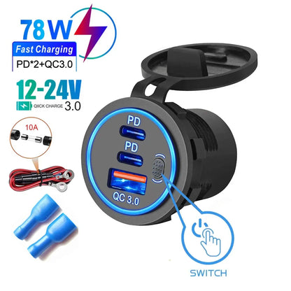 QC3.0 + PD 78W Car Charger Socket Triple USB Type-C Fast Charging Power Adapter with Switch Waterproof 12V/24V Universal Car Charger
