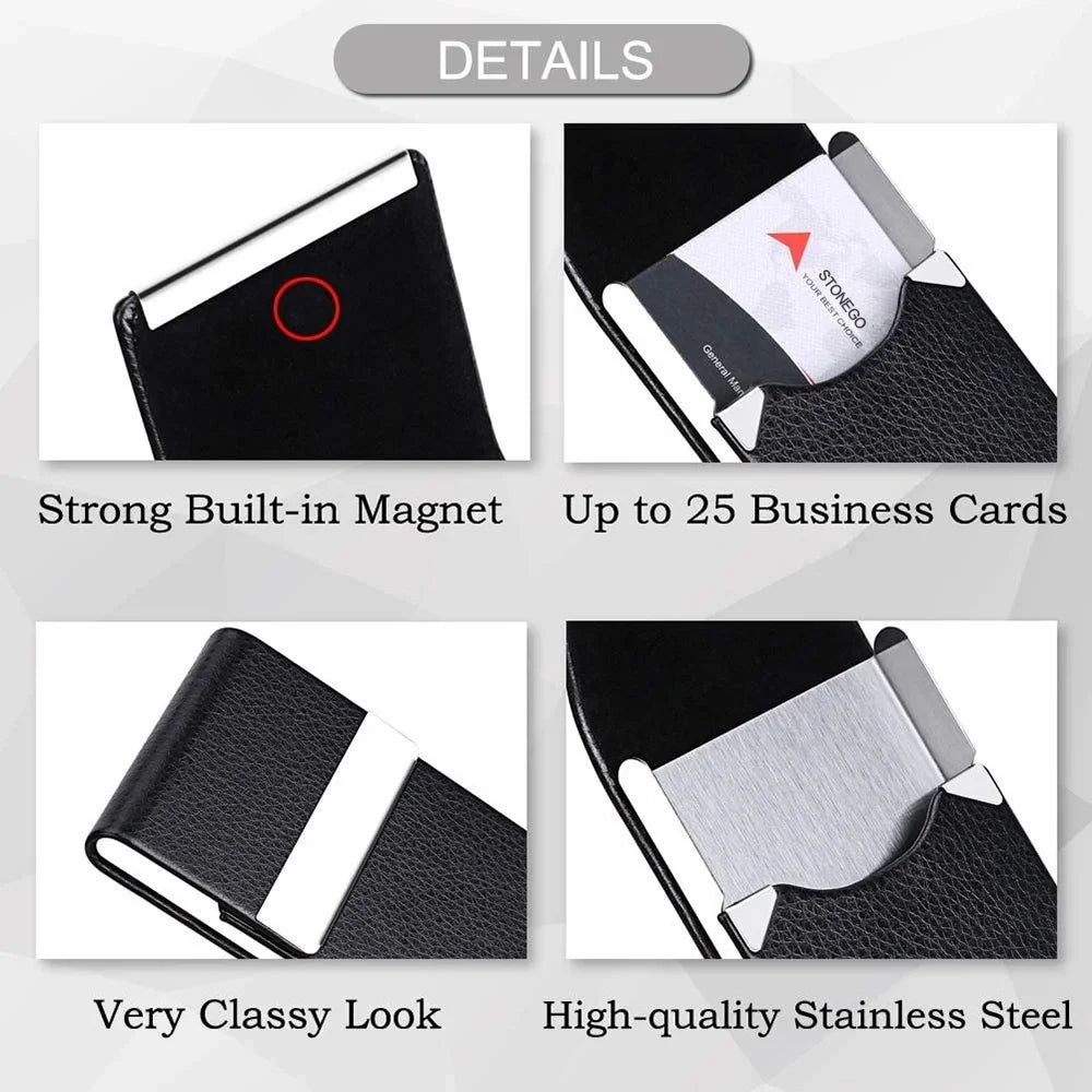 Slim PU Leather Business Card Holder Case – Metal Pocket Holder with Magnetic Closure for Name Cards