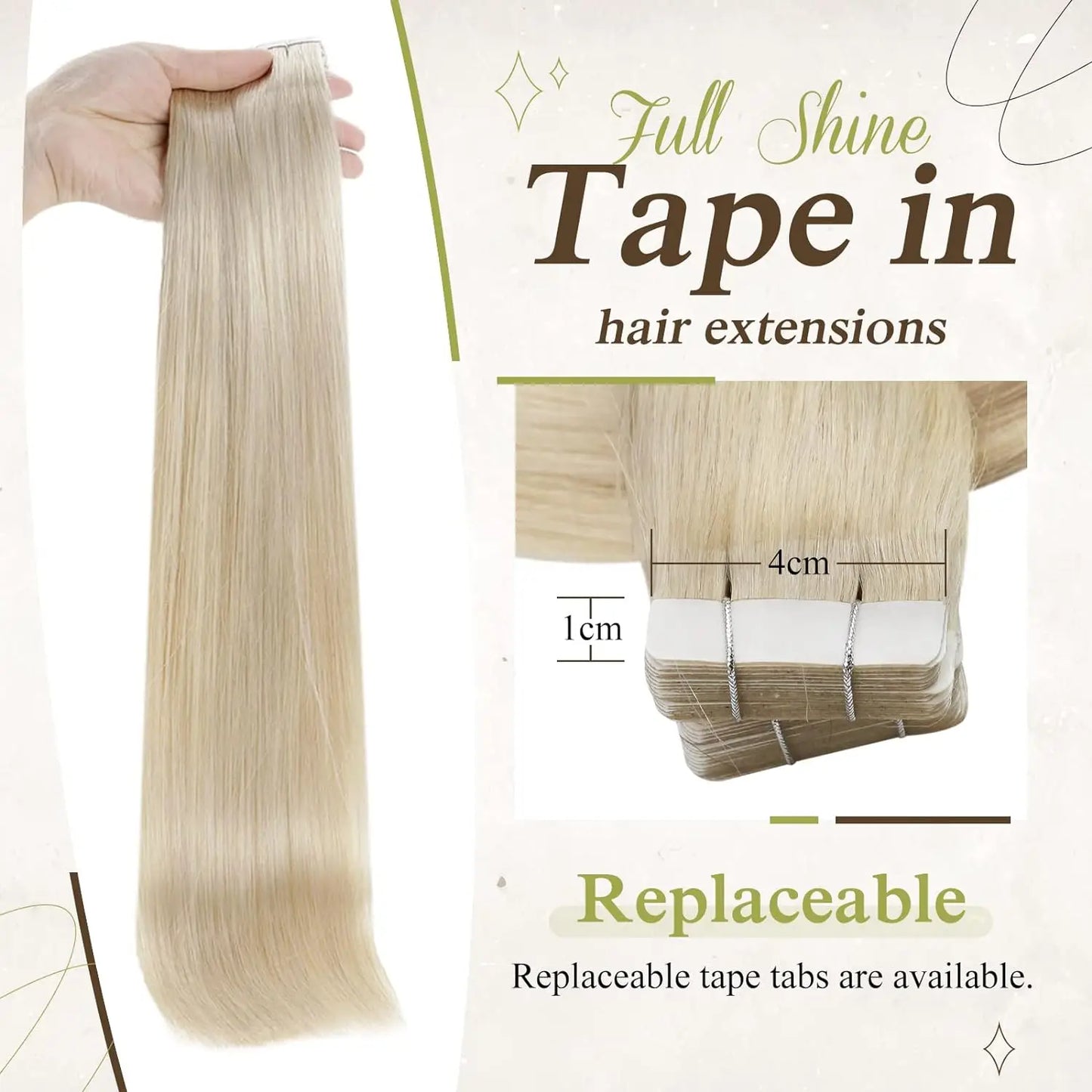 Full Shine Tape In Human Hair Extensions - 100% Remy Straight Hair Double Sided Silky Natural Tapes for Women