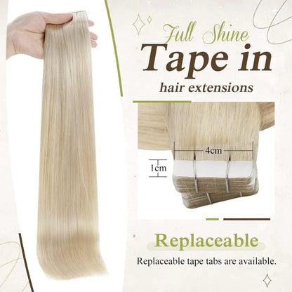 Full Shine Tape In Human Hair Extensions - 100% Remy Straight Hair Double Sided Silky Natural Tapes for Women