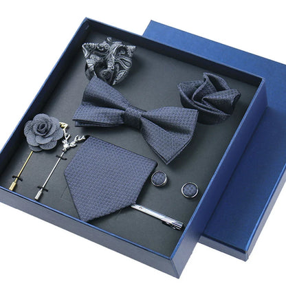 Men’s Luxury Silk Tie Set - 8cm Wedding Necktie with Bowtie, Pocket Square, Cufflinks & Floral Gift Box Accessories