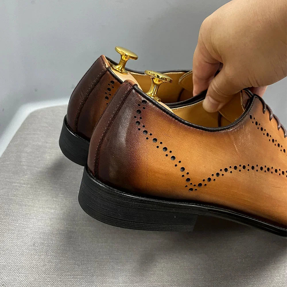 Men’s Genuine Calf Leather Oxford Shoes - Luxury Wingtip Lace-Up Business Brogue Dress Shoes