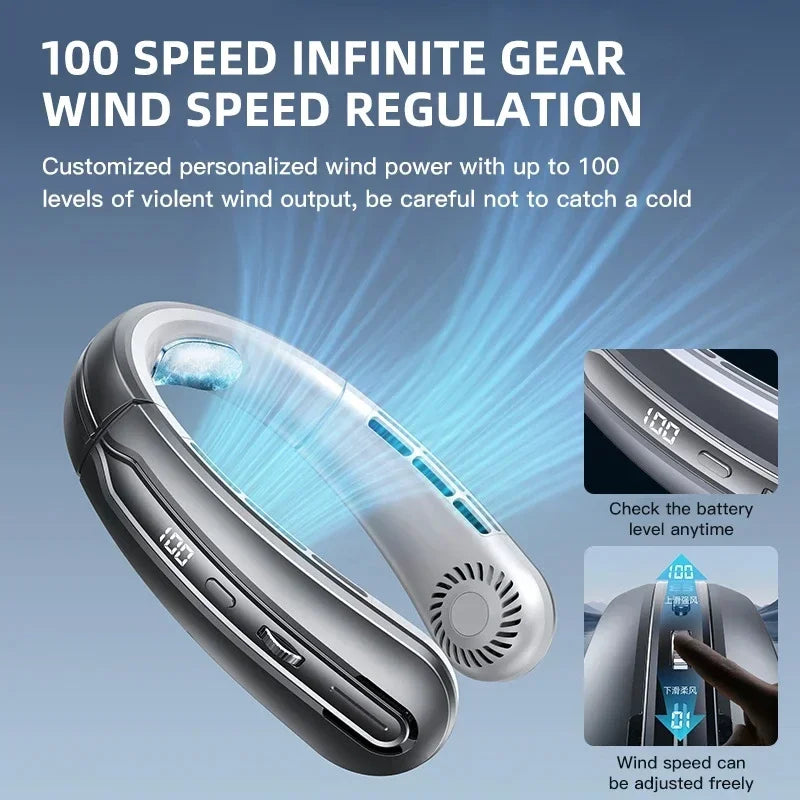 8000mAh USB Neck Fan - Portable Bladeless Rechargeable Cooling Fan with LED Display for Outdoor & Handheld Use