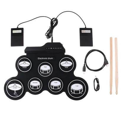 Portable Folding USB Electronic Drum Kit - Silicone Roll-Up Practice Pad with Drumsticks & Sustain Pedal