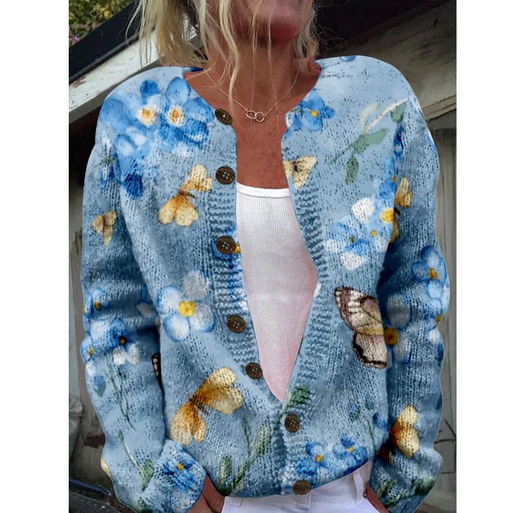 Women’s 3D Print Knitted Cardigan - Autumn Winter Vintage Thin Sweater Casual Fashion Knit Top