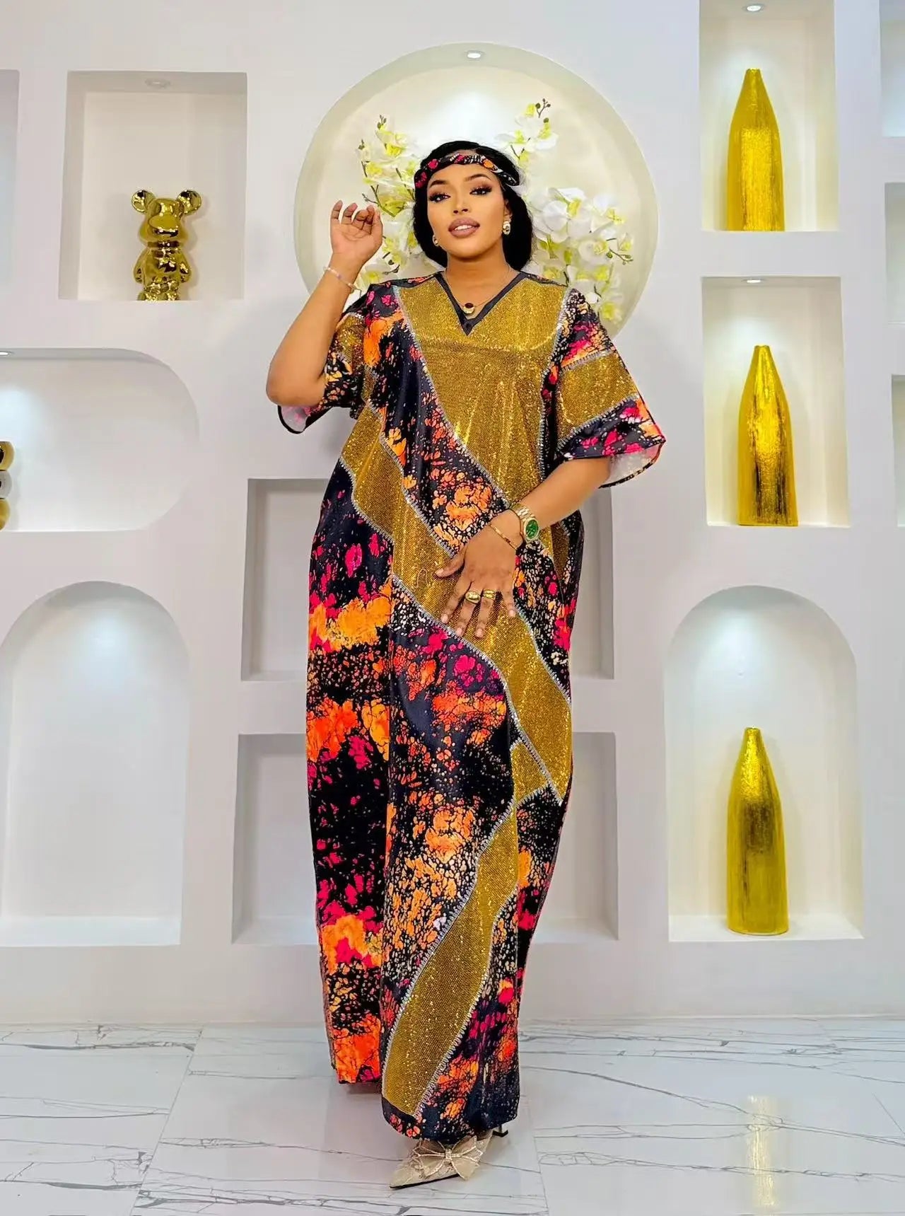 Women's African Ankara Maxi Dress - Loose Summer Long Print Short Sleeve