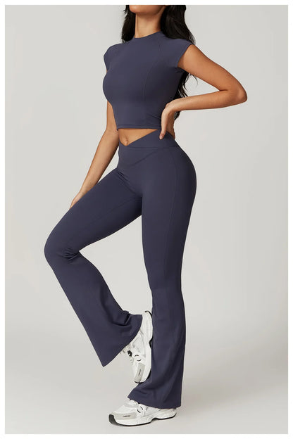 Women’s 2PCS Sportswear Yoga Set – Short Sleeve Crop Top & High Waist Leggings for Gym & Fitness