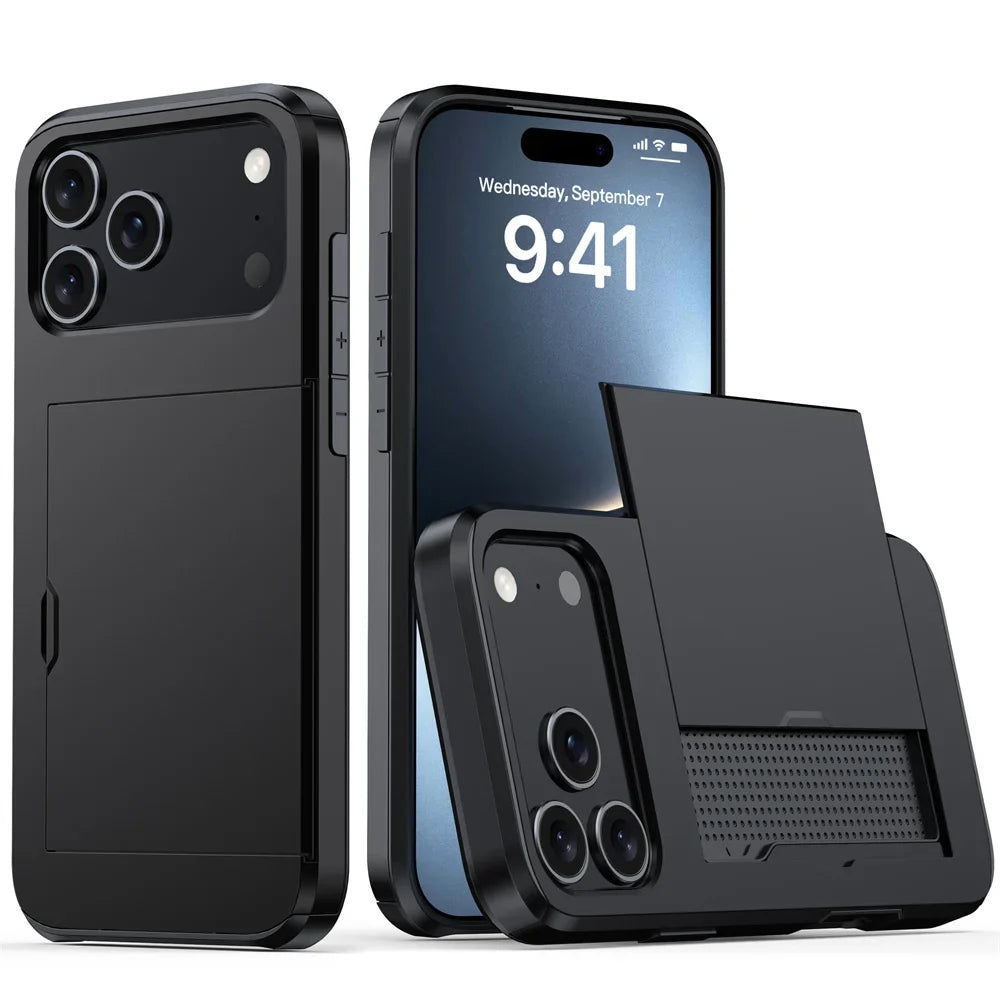 iPhone Case with Wallet & Card Holder — Shockproof Protective Cover for iPhone 17, 16, 15, 14, 13, 12, 11 Pro Max & Mini Models