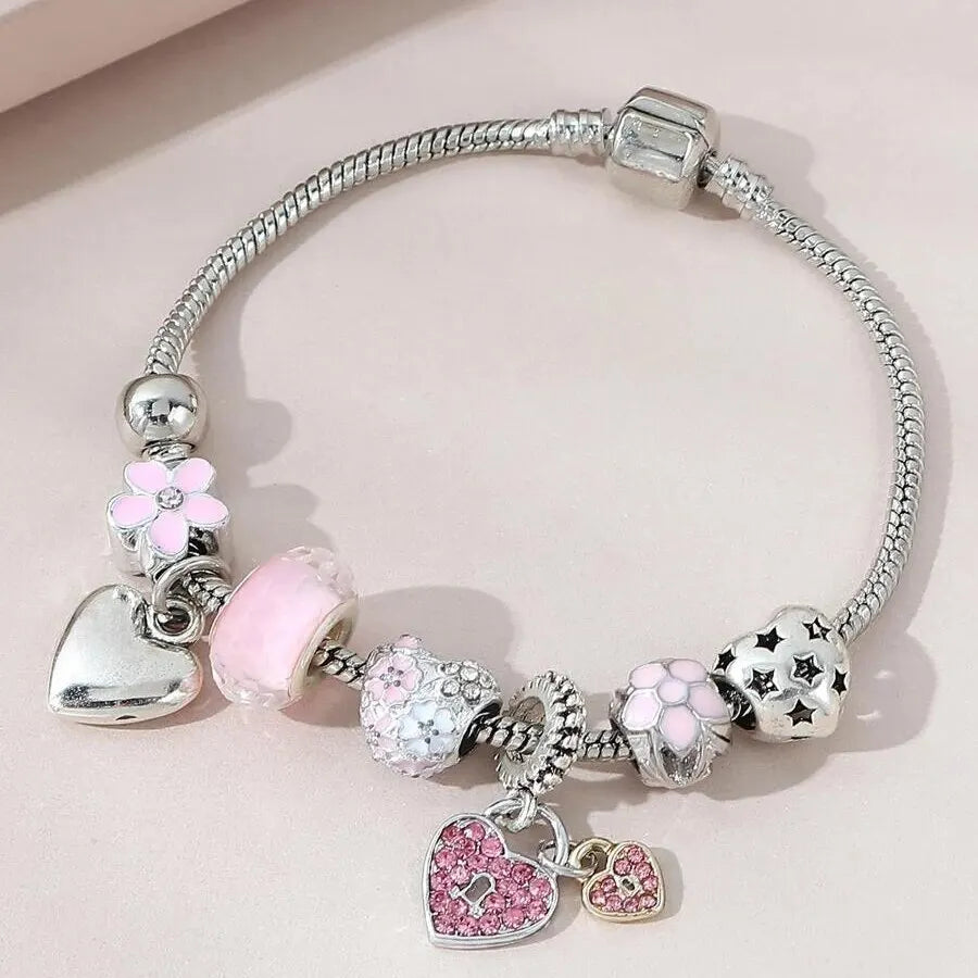 Obega Love Heart Flower Glass Pendant Bracelet – Classic Pink & White Crystal Stone, Adjustable Bead, Silver/Gold Color