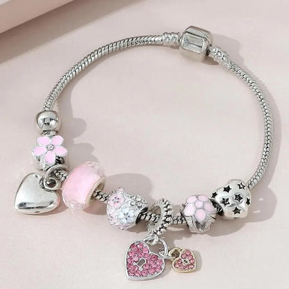 Obega Love Heart Flower Glass Pendant Bracelet – Classic Pink & White Crystal Stone, Adjustable Bead, Silver/Gold Color