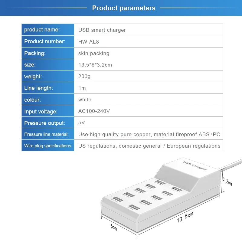 10-Port USB Charging Hub - 5V High-Speed Desktop Charger Strip for Home, Office & Travel