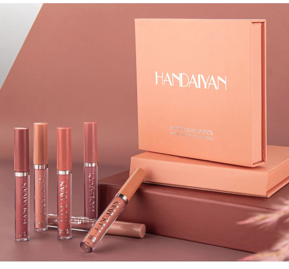 HANDAIYAN 6-Piece Matte Liquid Lipstick Set – Long-Lasting, Non-Stick Cup Lip Gloss Gift Box