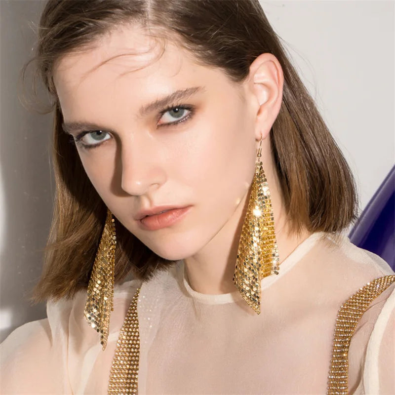 Women’s Metal Sequin Drop Earrings - Long Geometric Tassel Statement Jewelry for Wedding & Party Style