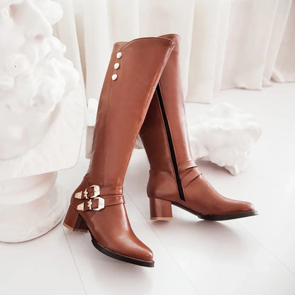 Women's Knee High Riding Boots - Winter Glamour Brown Red Chunky Heel Fashion Boots Plus Size Footwear