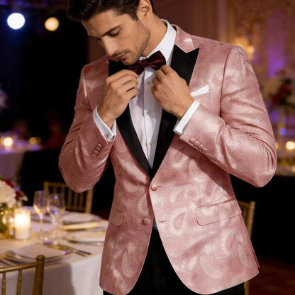 Men’s Pink Paisley Tuxedo Blazer - Black Satin Lapel 2 Button Formal Suit Jacket for Wedding, Prom & Party Wear