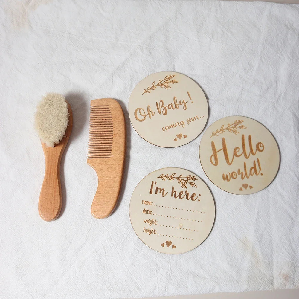 Baby Hair Care Gift Set - Natural Wool Brush, Wooden Comb, Bib and Pacifier Clip for Newborns