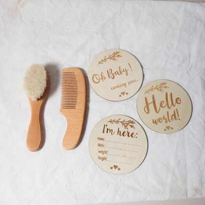 Baby Hair Care Gift Set - Natural Wool Brush, Wooden Comb, Bib and Pacifier Clip for Newborns