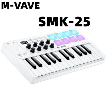 M-VAVE SMK-25 II MIDI Pad Controller Keyboard – 25 Key USB Mini, 16 RGB Drum Pads, 8 Knobs, Music Production Software Included