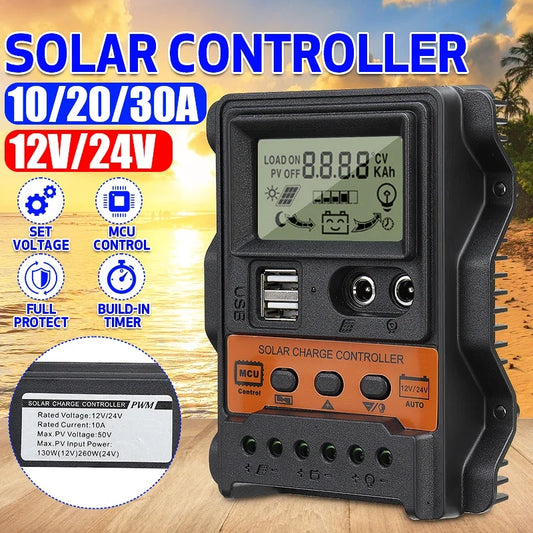 Solar Charge Controller PWM 10A-30A - LCD Display 12V/24V Regulator with Dual USB 5V Output