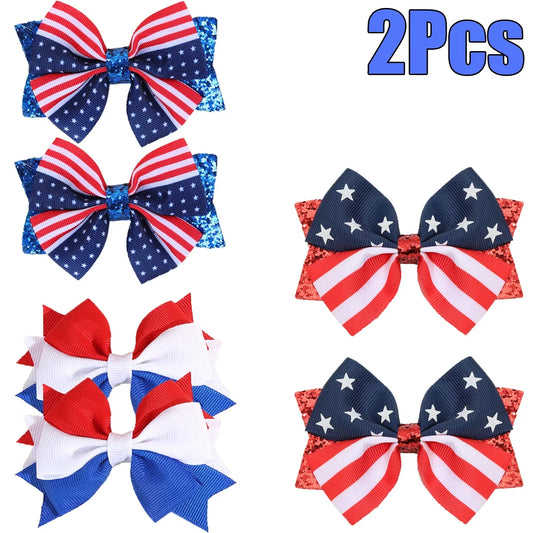 2pcs USA Flag Bow Hair Clips - Red White Blue Patriotic Ribbon Barrettes for 4th of July Party Accessories