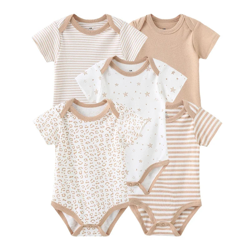 5PCS Newborn Baby Bodysuit Set - Soft Cotton Unisex Baby Clothes with Cartoon Print for Boys & Girls