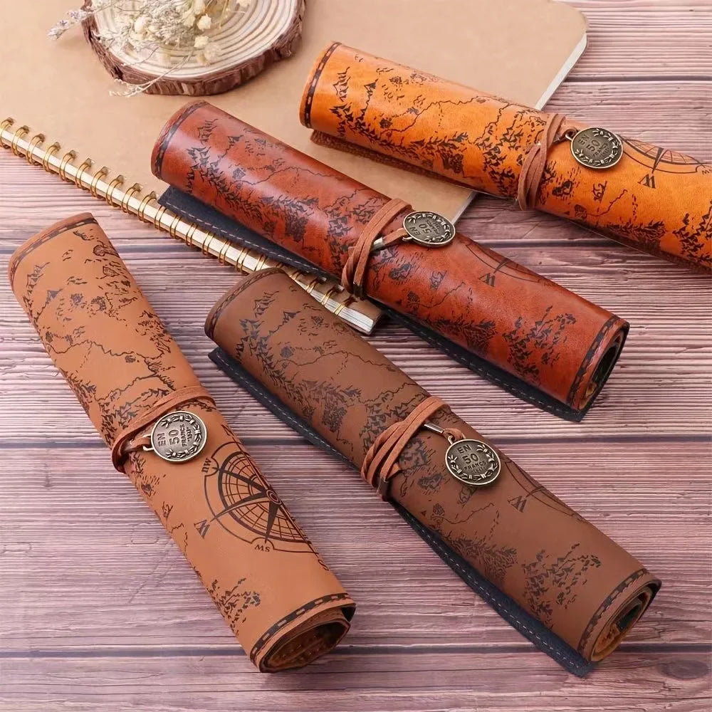 Creative Treasure Map Leather Pencil Case – Large Capacity Roll-Up Pencil Bag with Embossed Buckle, Retro Stationery Organizer