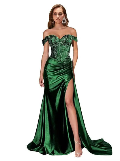 Dark Navy Off-Shoulder Prom Dress – Sweetheart Beaded Lace Evening Gown with High Side Slit, 2025 Custom