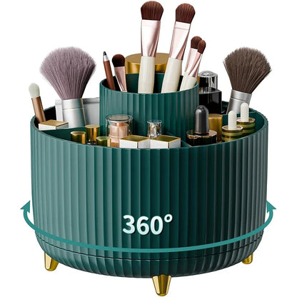 360° Rotating Makeup Organizer - 5 Compartment Plastic Cosmetic Holder for Brushes & Beauty Storage