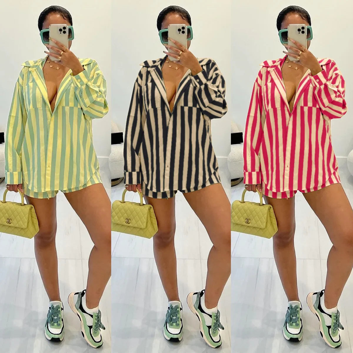 2025 Women’s Casual Striped Shorts & Long Sleeve Shirt Set – Spring Summer Office & Vacation Outfit