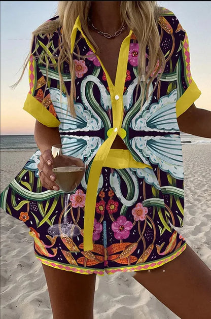 Women’s Summer 2-Piece Set – Lapel Short-Sleeve Shirt & Shorts, Elegant Loose Printed Outfit