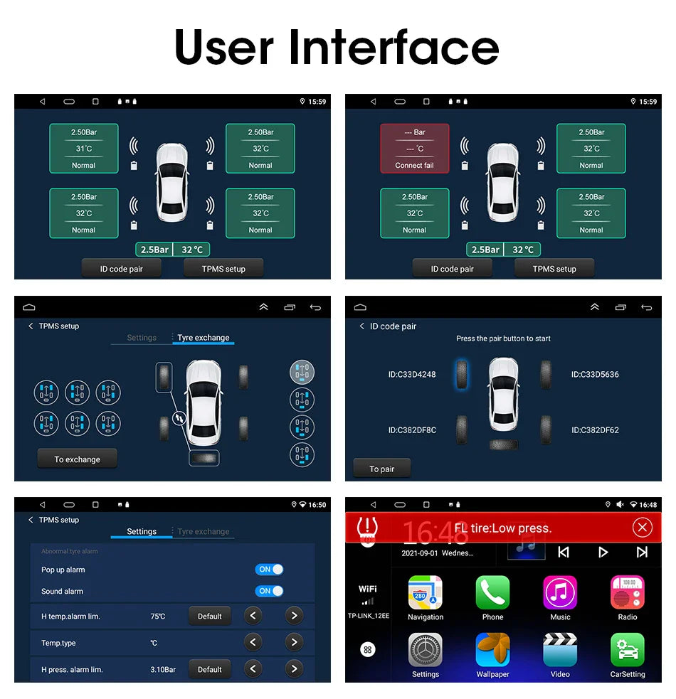 JMCQ USB Android TPMS Tire Pressure Monitoring System – 5 Internal/External Sensors with Display & Alarm for Car Navigation Radio