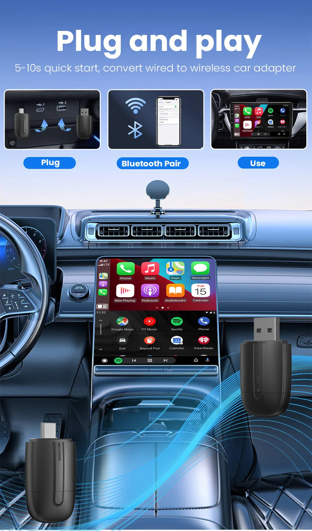 2-in-1 Wireless CarPlay & Android Auto Dongle – Type-C USB Bluetooth WiFi Adapter for Chevrolet, Citroen, Buick, Cadillac, Chery, VW