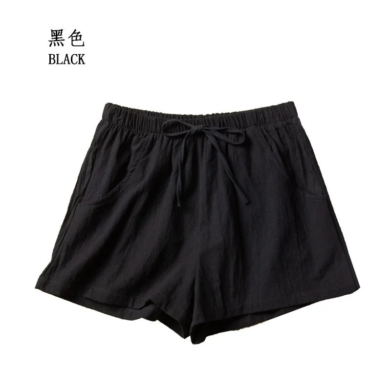 Women’s Cotton Linen High Waist Shorts — Black Casual Fashion Workout Sport Shorts