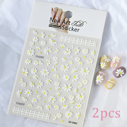 5D Daisy Nail Art Stickers - White Flower & Green Leaf Embossed Decals for DIY Spring Summer Nail Decoration